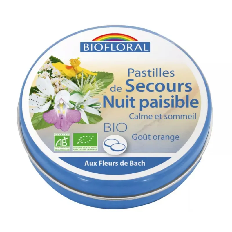 Fleur de Bach SANS ALCOOL Pastilles de secours Nuit paisible BIO Boite 50 g BIOFLORAL Fleur de Bach SANS ALCOOL Pastilles de secours Nuit paisible BIO Boite 50 g BIOFLORAL