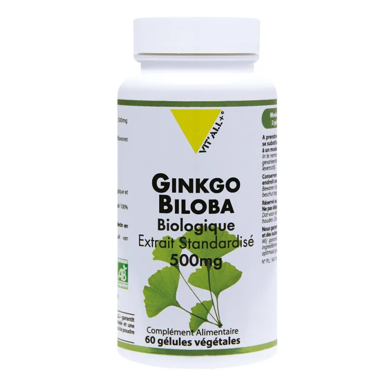 Ginkgo Biloba BIO 500mg Extrait standardisé 60 gélules VIT'ALL+ Ginkgo Biloba BIO 500mg Extrait standardisé 60 gélules VIT'ALL+